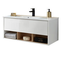 WASCHTISCH weiß Hochglanz und Eiche , Set Waschbeckenunterschrank inklusive Waschbecken, Breite 100 cm - Weiß Hochglanz/Eichefarben, Holzwerkstoff/Metall (100/44/47cm) - Furn.Design