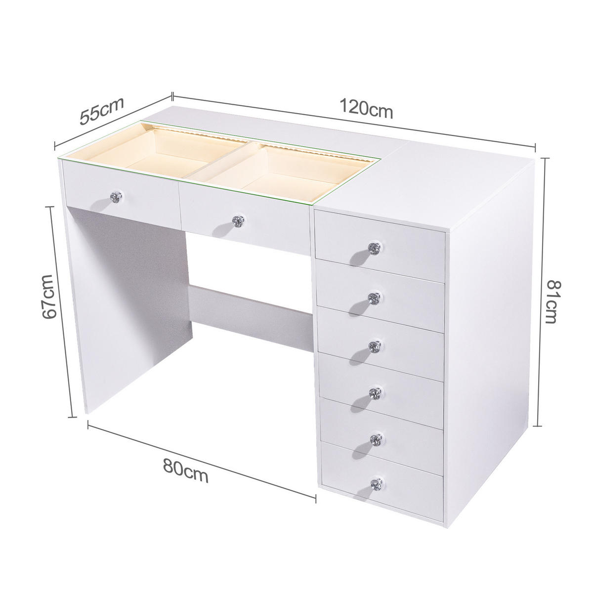 SCHMINKTISCH mit Spiegel Beleuchtung 8 Schubladen Weiβ 120/55/141CM - Weiß, Holz (55/81/120cm) - VANITII