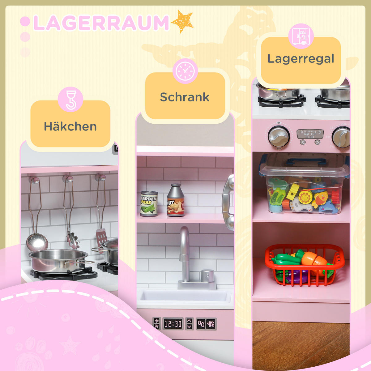 KINDERKÜCHE Spielküche mit Spielzeug Telefon, Kreidetafel, Mikrowelle, Herd Rosa - Hellrosa, Holzwerkstoff (83.8/26.8/81cm) - AIYAPLAY