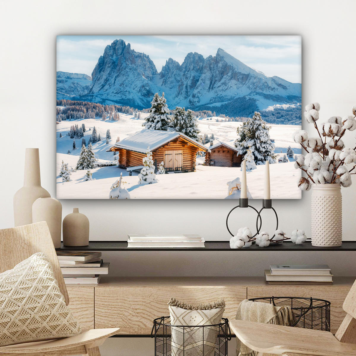 LEINWANDBILD Winter - Hütte - Berge - Aussicht - Schnee Gemälde 60x40 cm - Eichefarben, Textil (60/40cm) - MuchoWow