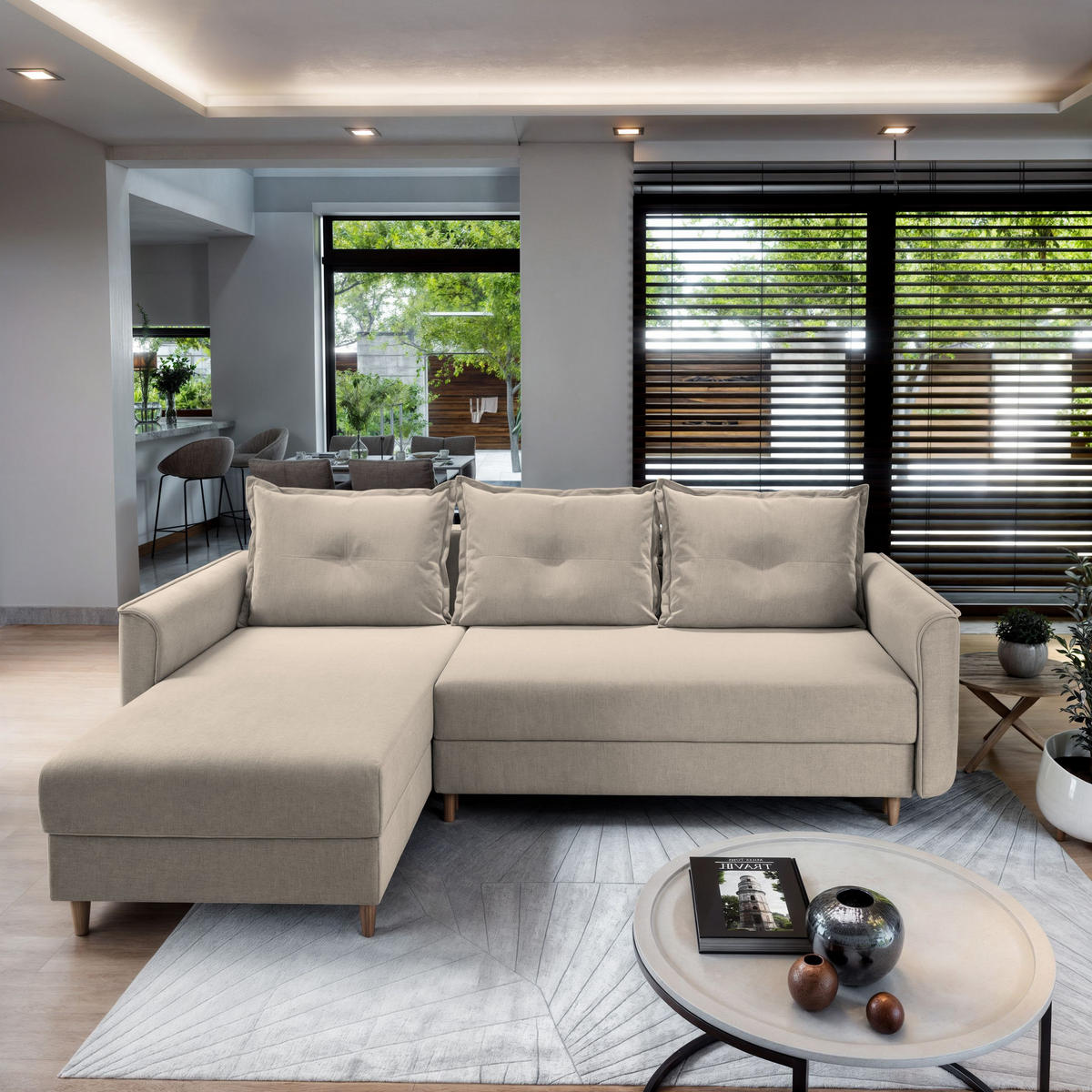 ECKSOFA PISAN L-S Beige Plüsch-Stoff mit Schlaffunktion - Beige, Holz (220/140cm) - MASSENO