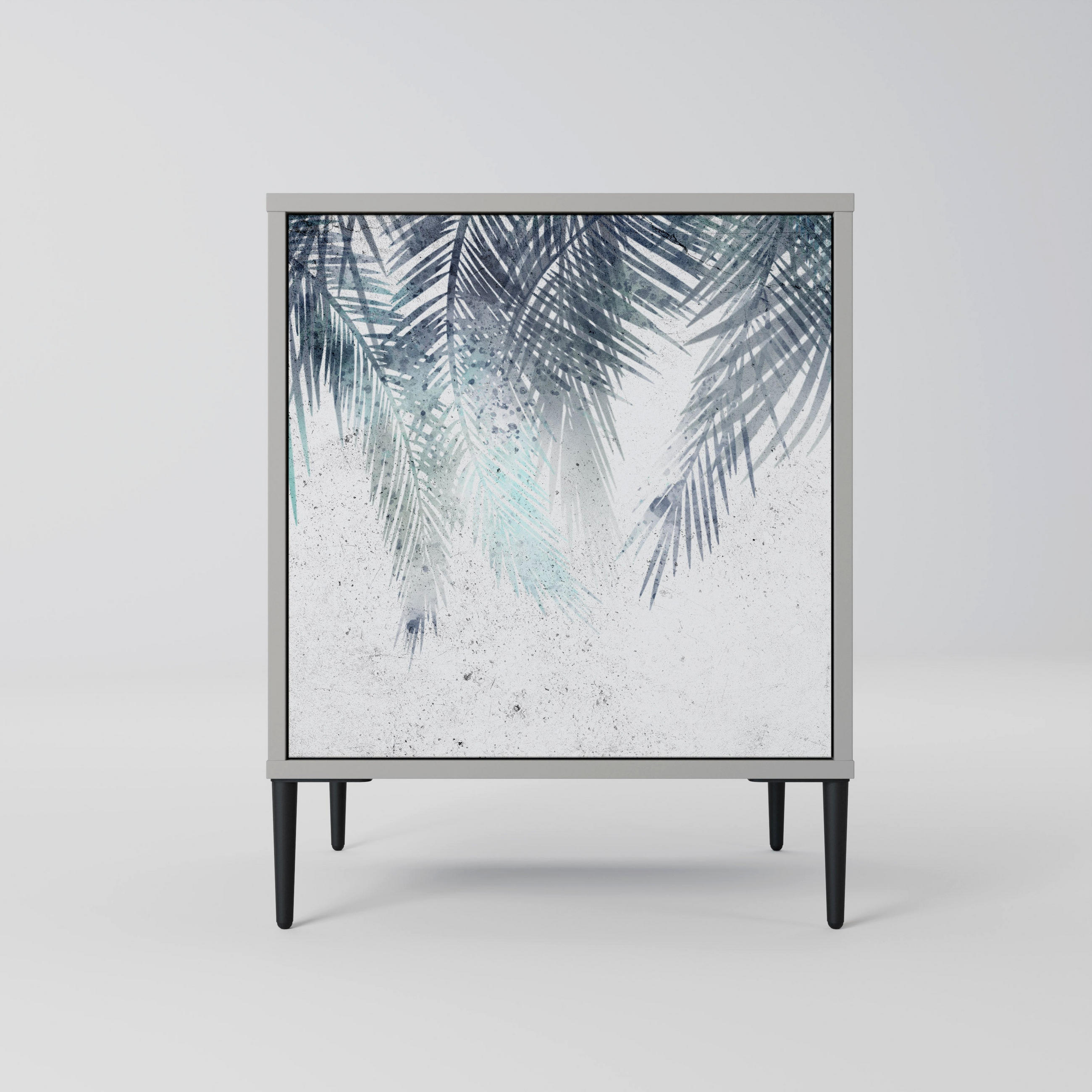SIDEBOARD PALM VEIL, Grau, 57,5x42x72,5 cm, Schwarze Metallfüße - Multicolor/Schwarz, Holzwerkstoff/Metall (57.5/72.5/42cm) - SpaceRebels
