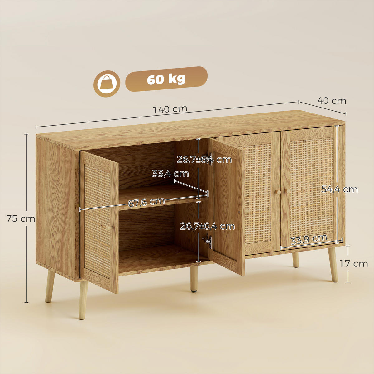 SIDEBOARD MDF Naturholz Natur - Naturfarben, Holz/Holzwerkstoff (40/75/140cm) - HOMCOM