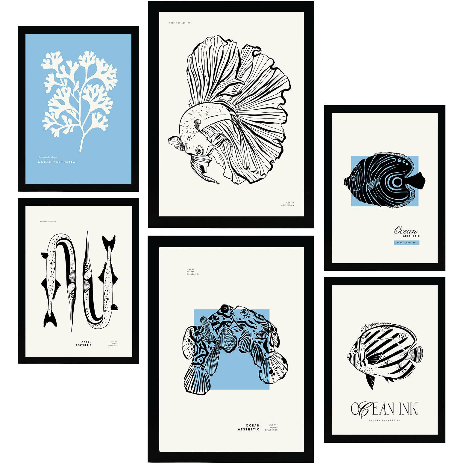 POSTER Set Mit 6 In Schwarzer Tinte Fische Kunstdrucke Von Meer Und Ozean Für Innenarchitektur A3 & A4 Schwarzer Rahmen - Schwarz, Papier (29/3cm) - Nacnic