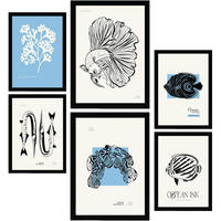 POSTER Set Mit 6 Schwarzer Tintenfisch Größe A3 & A4 Schwarzer Rahmen - Schwarz, Papier (29.7/1cm) - Nacnic