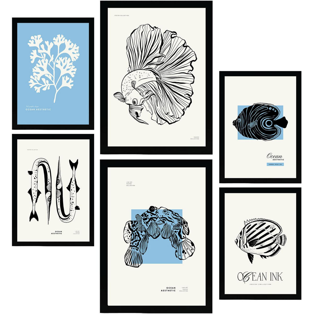 POSTER Set Mit 6 Schwarzer Tintenfisch Größe A3 & A4 Schwarzer Rahmen - Schwarz, Papier (29.7/1cm) - Nacnic