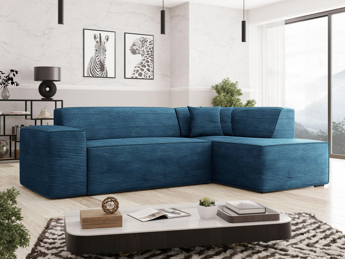 ECKSOFA Lordin Cord, Seite: Rechts - Blau/Schwarz, Holz/Textil (267/205cm) - MIRJAN24