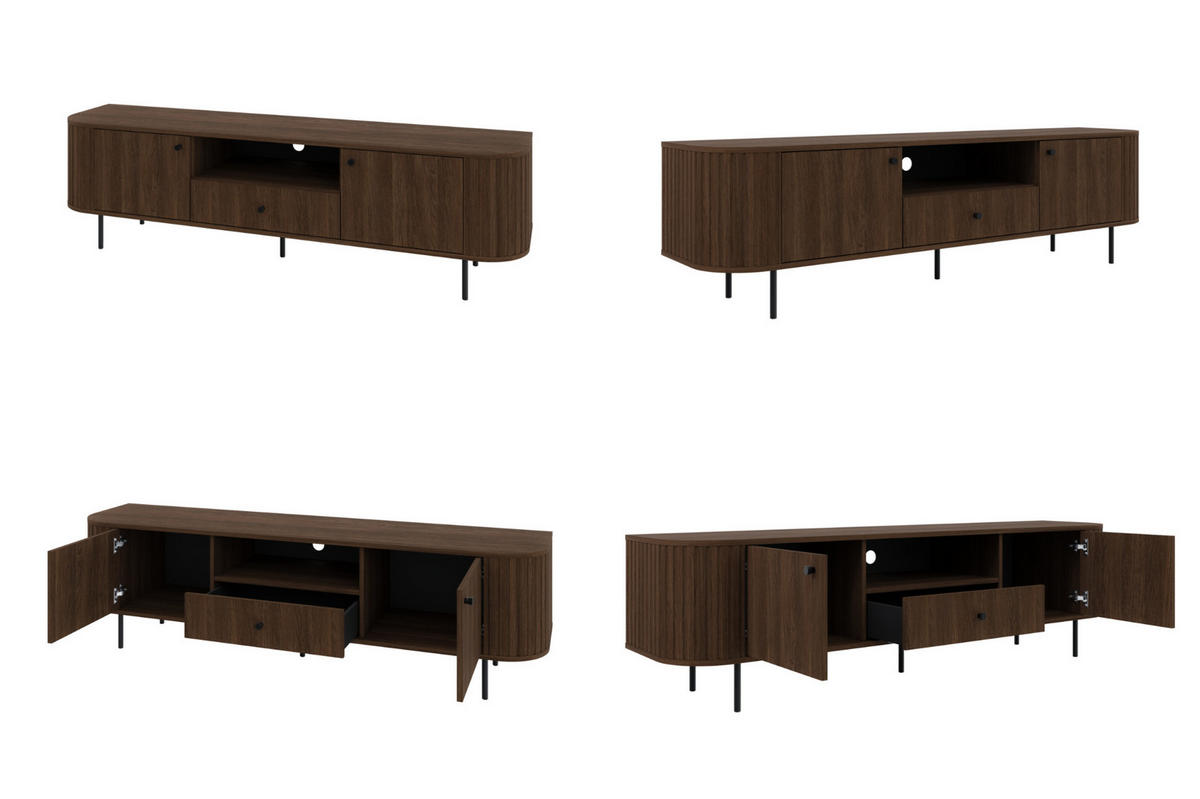 TV-SCHRANK Olivia 180 cm, mit 2 Türen, Schublade, geriffeltem Design, dunkelbraun, schwarzfarbenen Metallfüßen - Dunkelbraun, Metall (180/50/43cm) - Margaret Hadas24