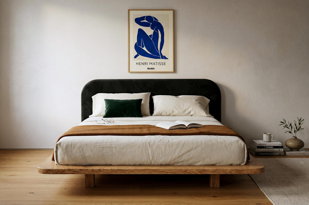 MASSIVHOLZBETT Eyko BORA, 180/200, Wildeiche - lackiert, Samt-Kopfteil Schwarz - Eichefarben/Schwarz, Holz/Textil (180/200cm)