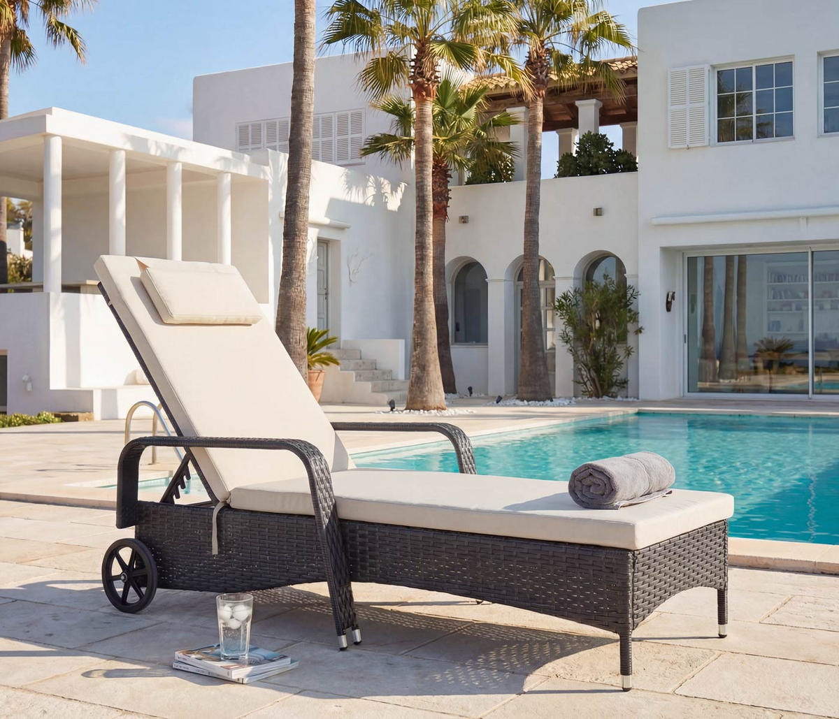 POLY-RATTAN SONNENLIEGE Anthrazit, Beige - Anthrazit/Beige, Kunststoff (71/108/197cm) - MCW