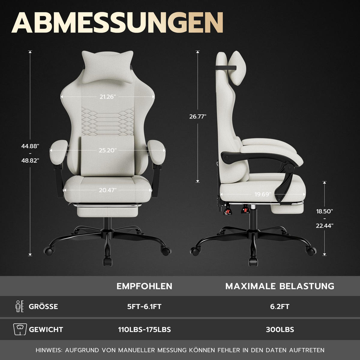 GAMING-STUHL ergonomischer, Bürostuhl mit Fußstütze & Lendenstütze - Weiß, Textil (65/114/65cm)