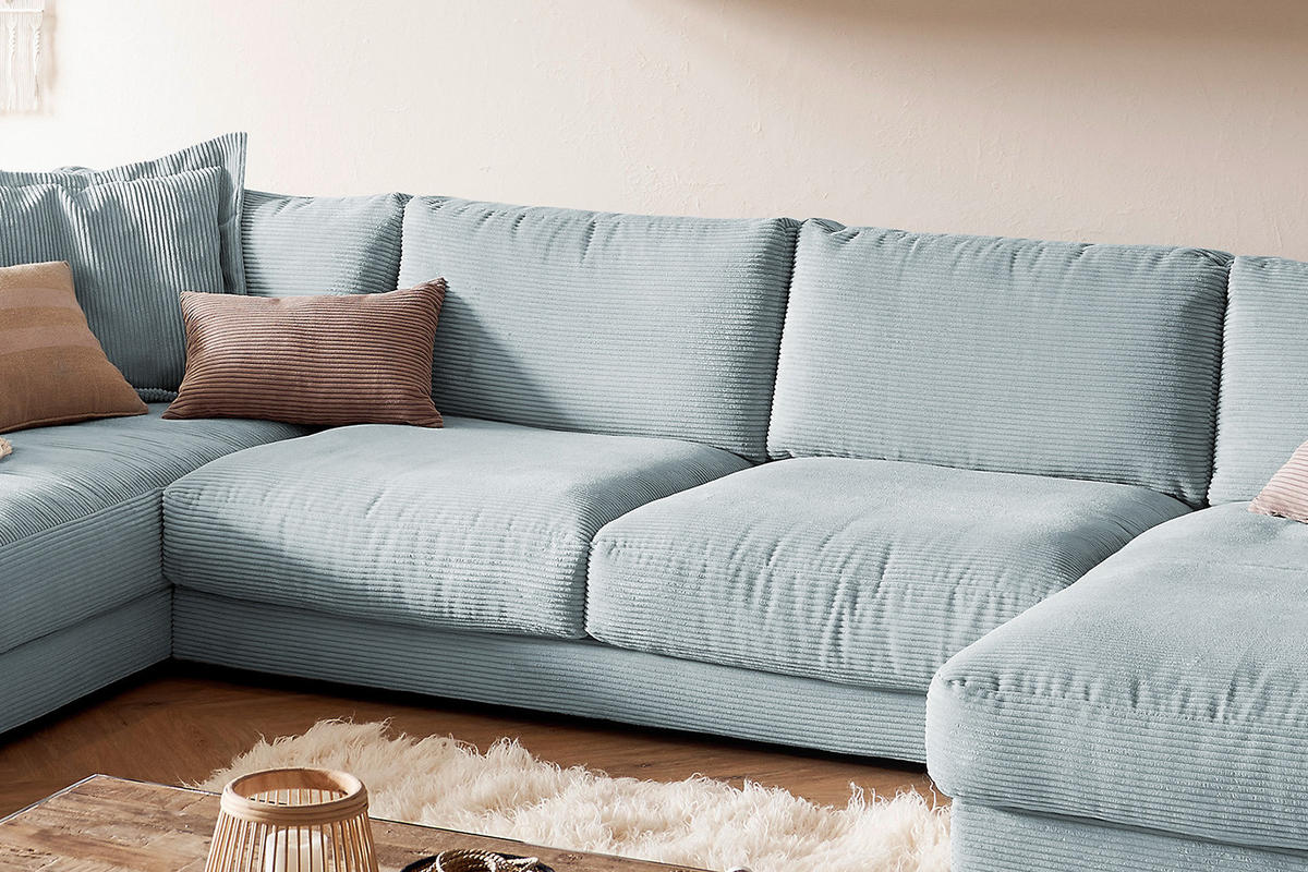 WOHNLANDSCHAFT MADELINE Hellblau Cord - Schwarz/Hellblau, Kunststoff/Textil (425/86/224cm) - KAWOLA
