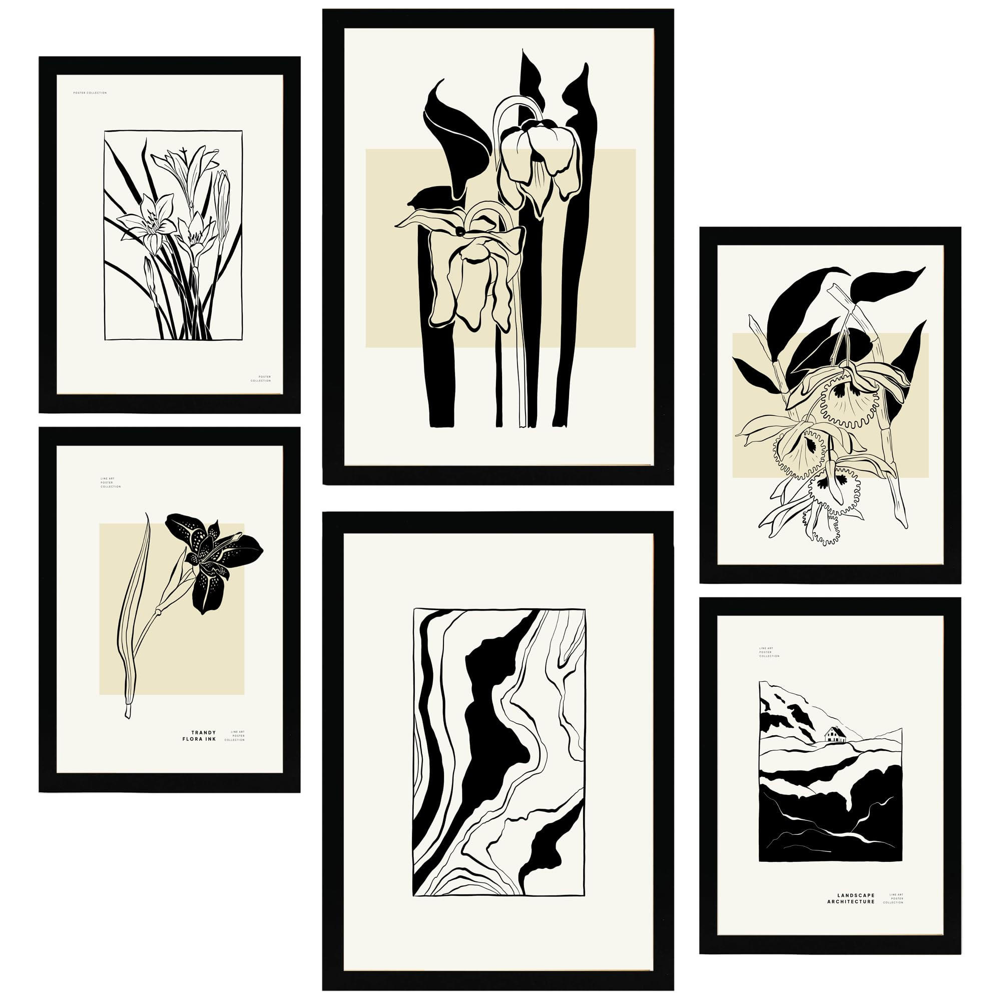 POSTER Set Mit 6 B & W Blumen A3 & A4 Schwarzer Rahmen - Schwarz, Papier (29/3cm) - Nacnic