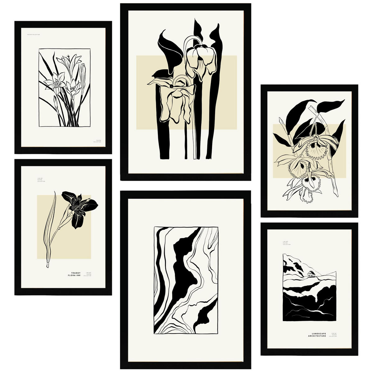 POSTER Set Mit 6 B & W Blumen A3 & A4 Schwarzer Rahmen - Schwarz, Papier (29/3cm) - Nacnic