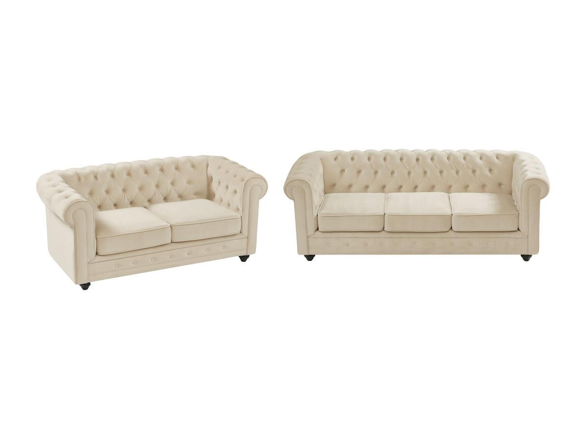 SOFA 3-Sitzer & 2-Sitzer - Samt - Beige - CHESTERFIELD - Beige, Textil (88/72/205cm) - Vente-Unique