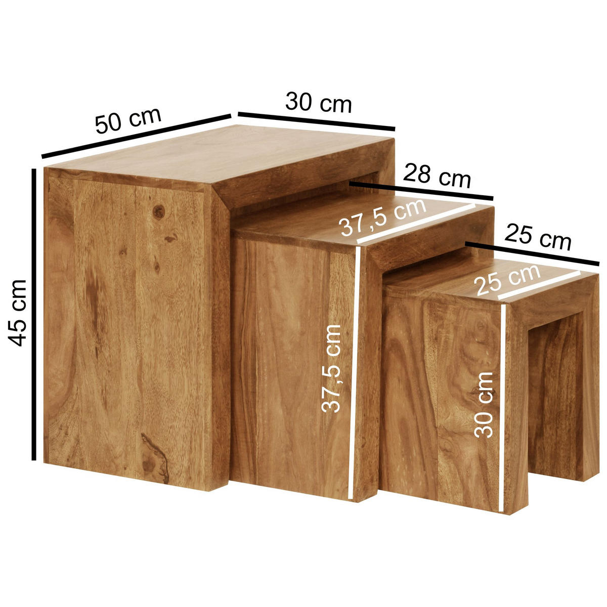3ER Set Satztisch eckig ABDUL Akazie - Braun, Holz (30/45/50cm) - furnicato