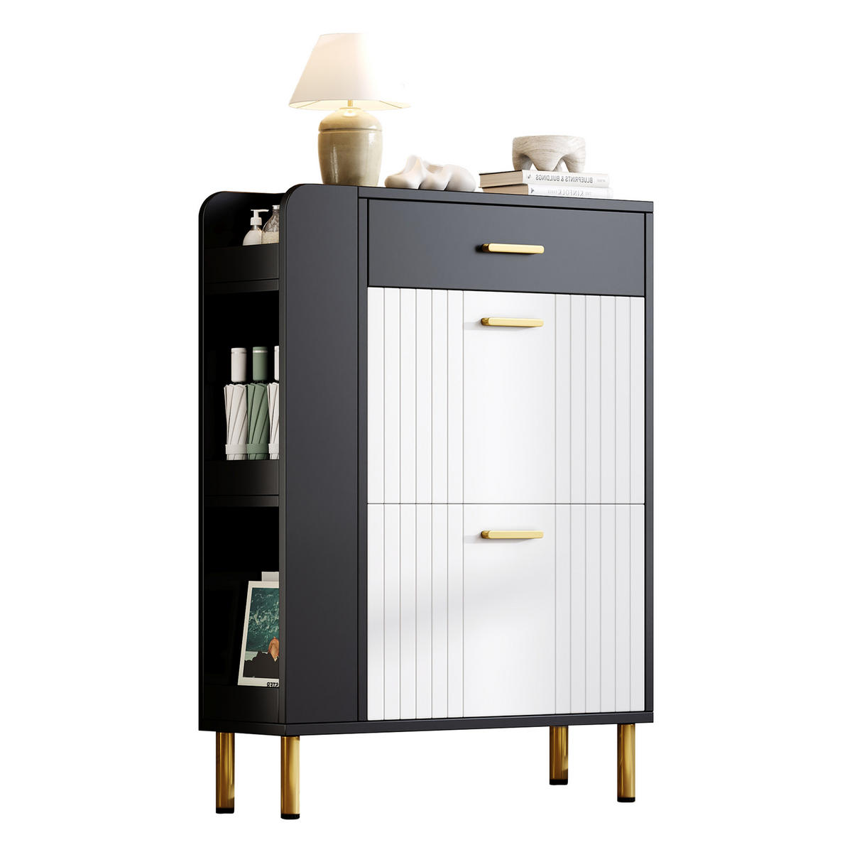 SCHUHSCHRANK aus MDF & Spanplatte 80x24x105cm in Schwarz mit 2 Klappen - Schwarz, Holzwerkstoff (80/105/24cm) - Modfu