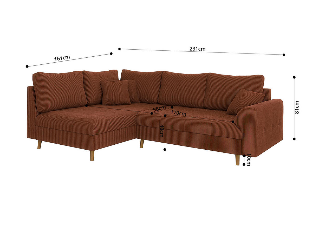 ECKSOFA Alma Terrakotta Cord - Ottomane links - Terracotta/Braun, Holz/Textil (231/161cm) - S-Style Möbel