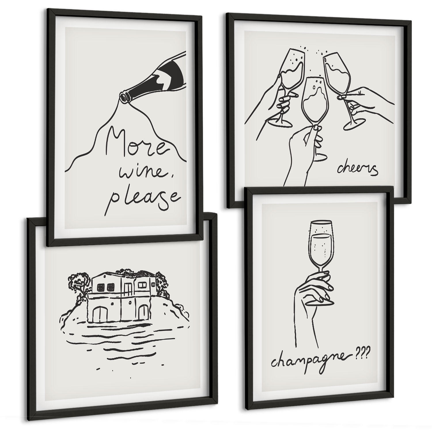 BILDER SET 4er Set - 50x50 cm & 40x60 cm Schwarzer Rahmen - Fröhliche Momente mit Champagner - Schwarz, Kunststoff (50/50cm) - TULUP