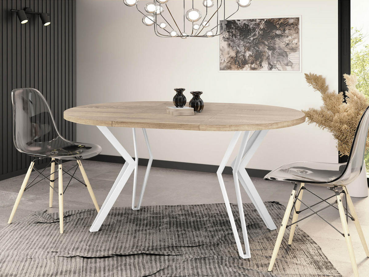 ESSTISCH Austin runder ausziehbarer, Sonoma Eiche 100-180/100/76 cm - Weiß/Sonoma Eiche, Holzwerkstoff/Metall (100/100/76cm) - WFL GROUP