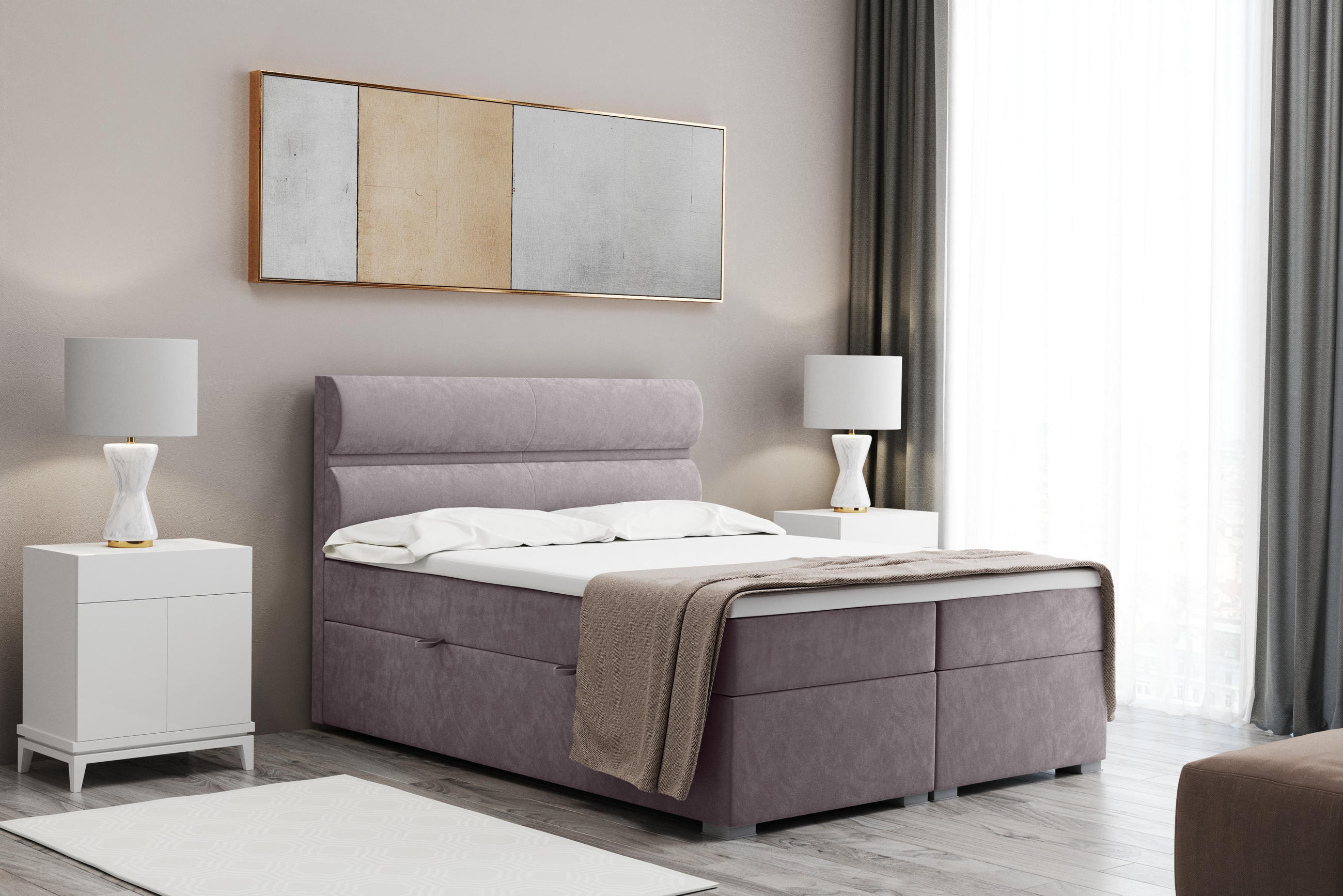 BOXBETT Mit Bettkasten, Matratze Und Topper VERA Stoff Riviera 120x200 cm Lila H3-Bonell - Lila, Holz/Textil (120/200cm) - Kaiser Möbel