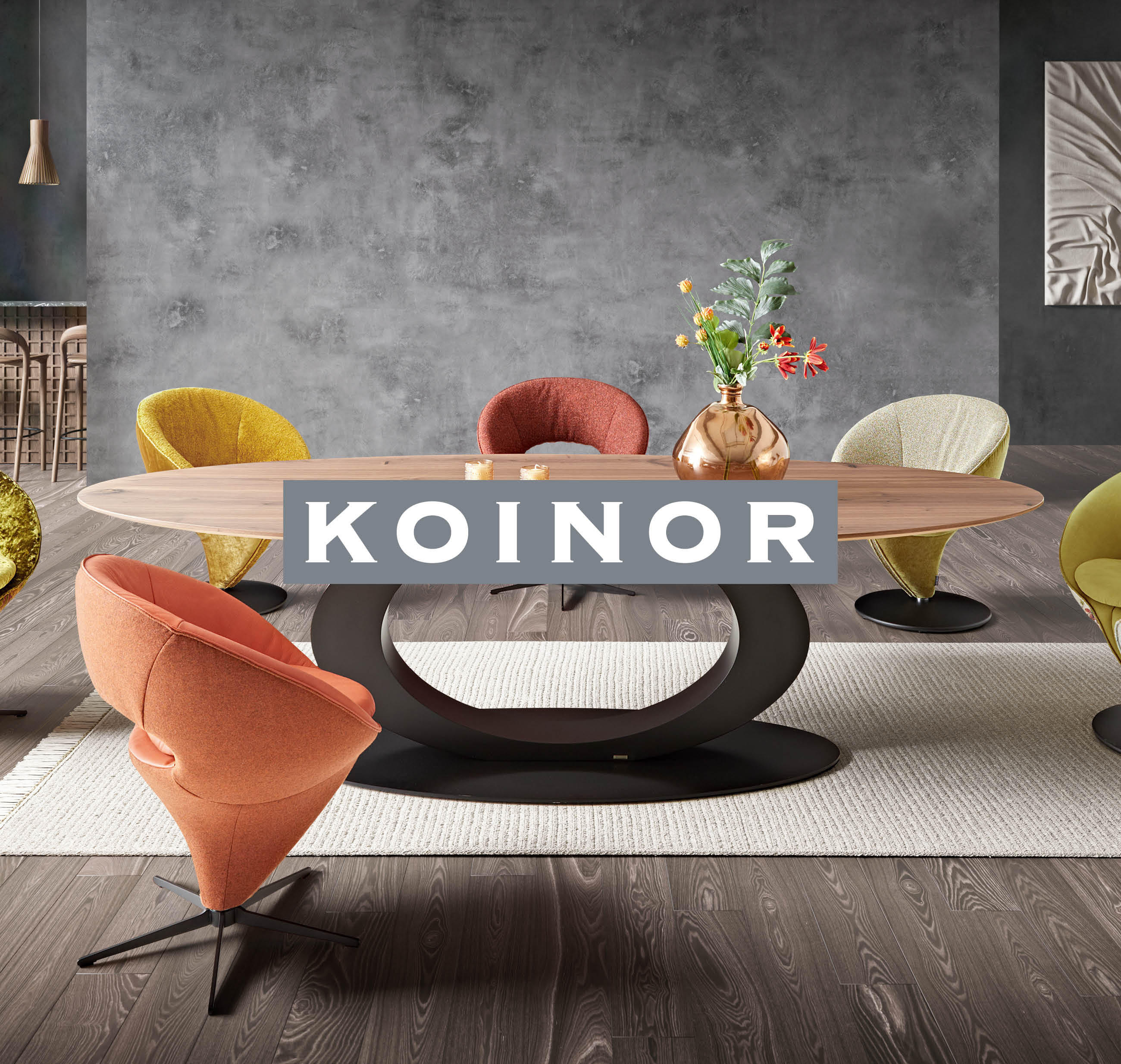 Koinor Esszimmer: ovaler Holztisch mit sechs bunten Designerstühlen