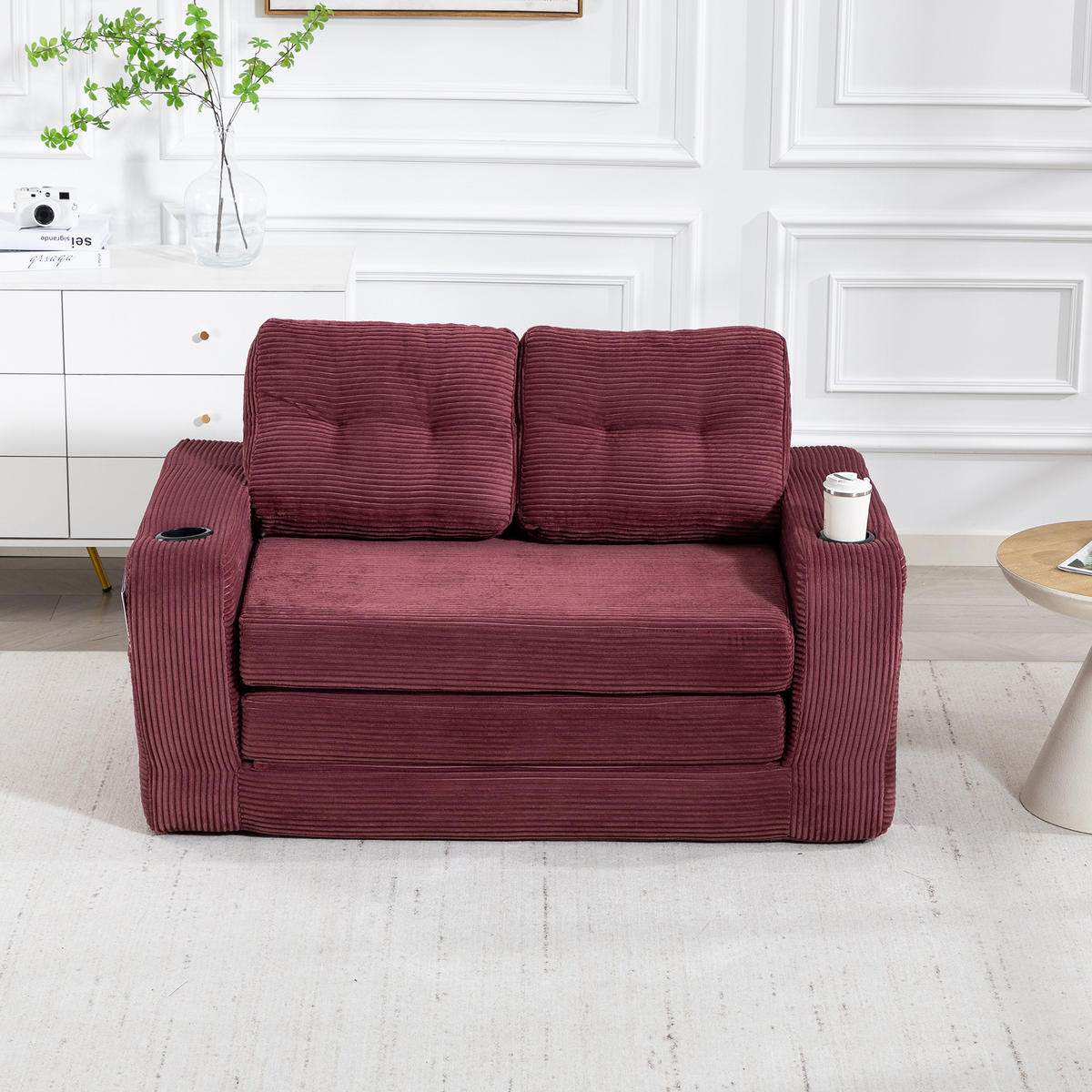 2-SITZER SOFA Cord Weinrot mit Getränkehaltern und Seitentaschen - Weinrot, Textil (136/82.5/80cm) - WISHDOR