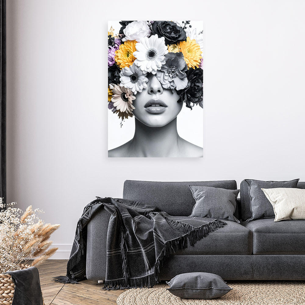 LEINWANDBILD Porträt einer Frau mit Blumen auf dem Kopf 60x90cm - Schwarz, Textil (60/90cm) - Feeby