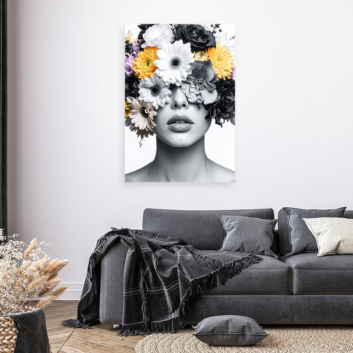 LEINWANDBILD Porträt einer Frau mit Blumen auf dem Kopf 60x90cm - Schwarz, Textil (60/90cm) - Feeby