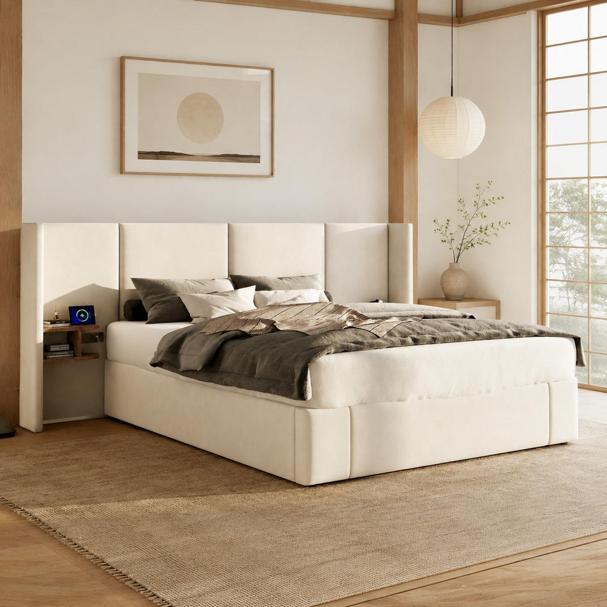 POLSTERBETT 160/200 mit Bettkasten, USB, Steckdosen und Nachttischen in Beige - Beige, Holzwerkstoff/Textil (160/200cm) - EVRYAE