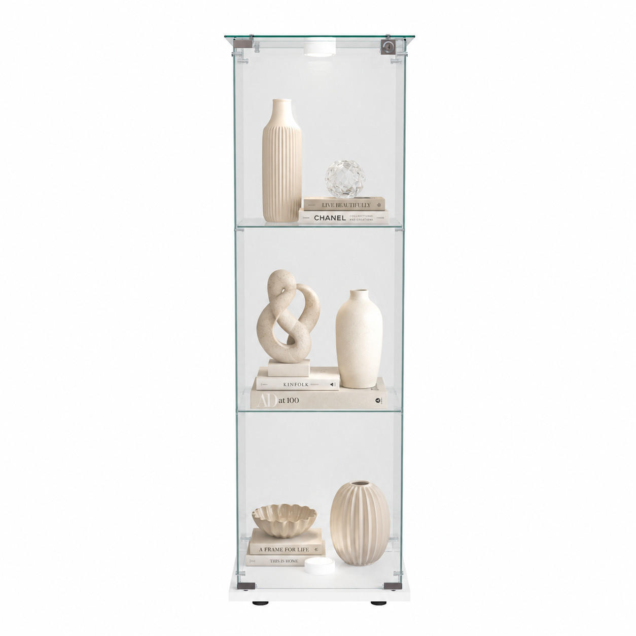 LED-VITRINE, 3-stufig, abschließbar, Weißrahmen - Weiß, Glas (39.8/123.3/35cm) - Joyfair