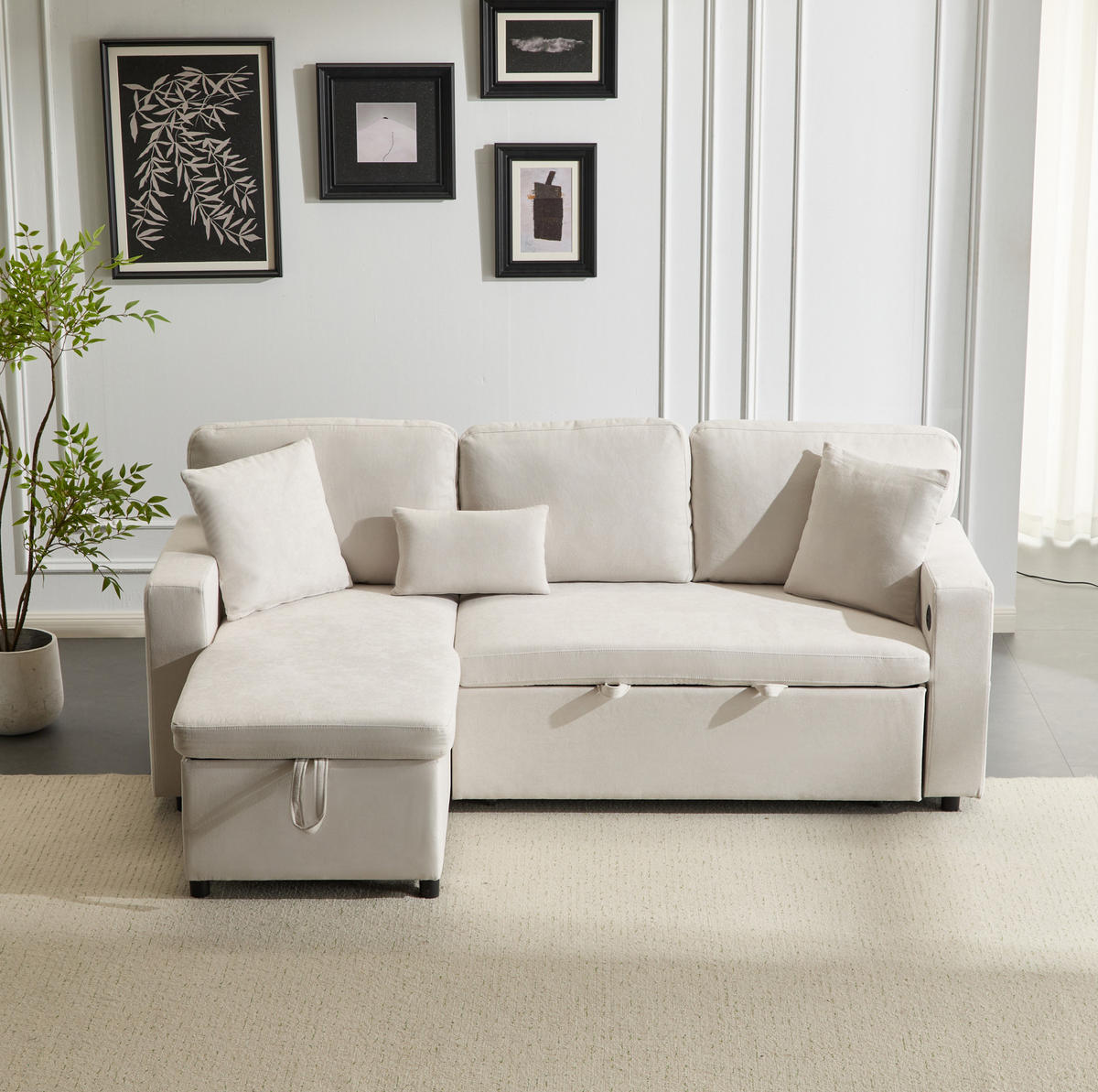 ECKSOFA Eckschlafsofa Stoff mit USB-Anschluss und Stauraum Beige 214/131/87 cm - Beige, Textil (87/131cm) - Redom