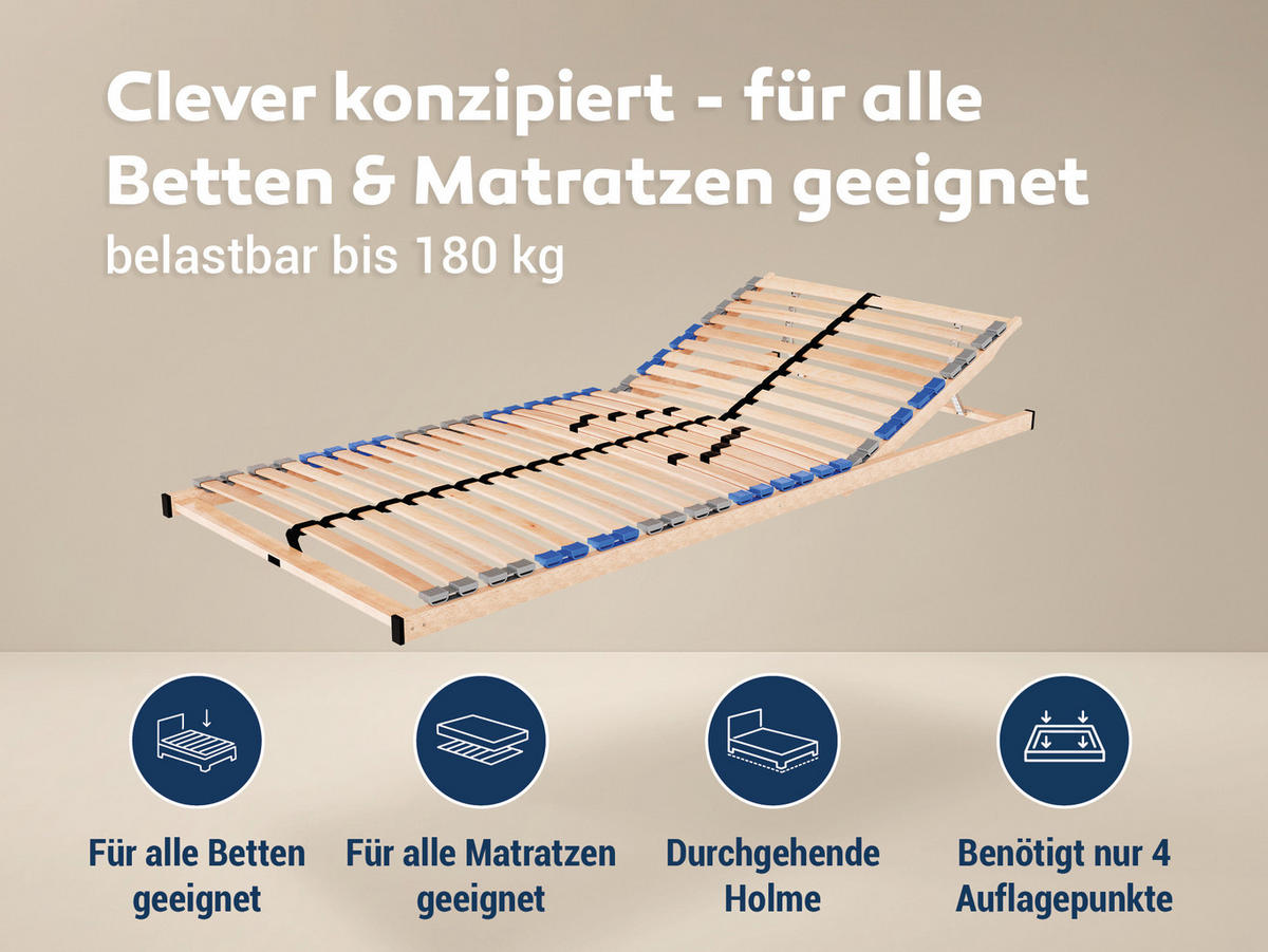 LATTENROST Madera, 7 Zonen, zur Selbstmontage, Größe: 100x190 - Kopfteilverstellung - Braun, Holz (100/190cm) - Betten-ABC