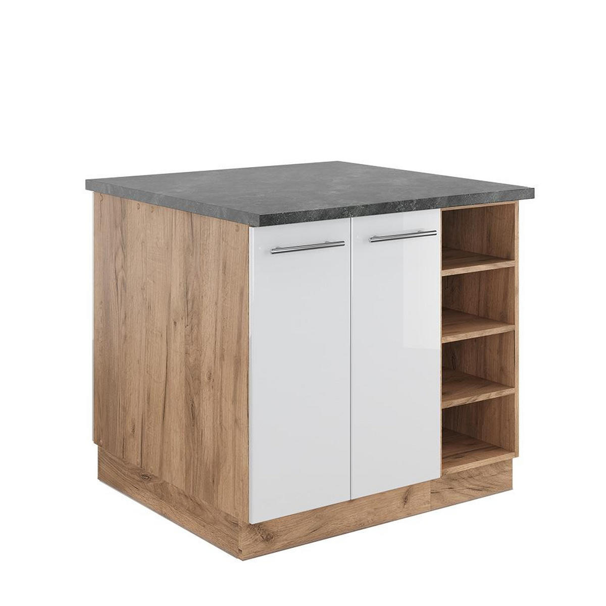 KÜCHENINSEL Fame-Line Weiß Hochglanz/Goldkraft Eiche 90 cm ohne Arbeitsplatte - Weiß Hochglanz/Eichefarben, Holzwerkstoff (90/82/81.6cm) - Vicco