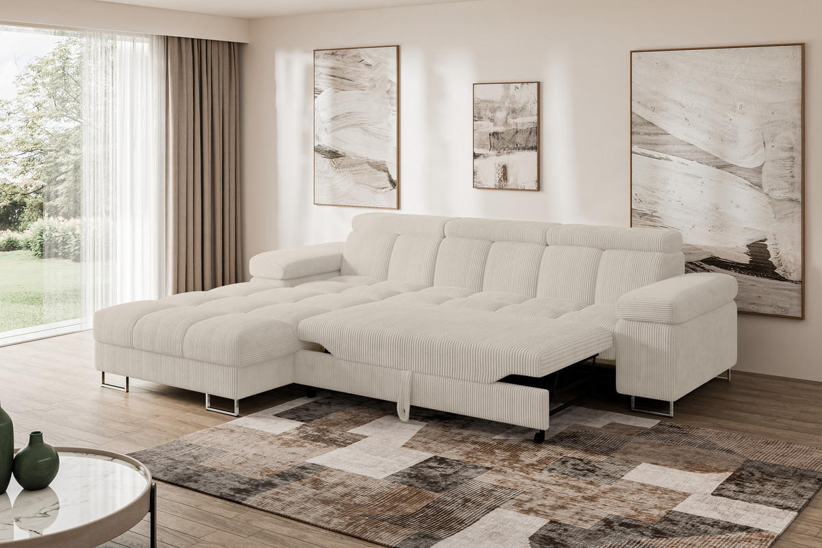 ECKSOFA mit Schlaffunktion Ottomane Links COMA L 271x203x79 Beige Cord - Beige, Holzwerkstoff/Textil (271/203cm) - ALTDECOR