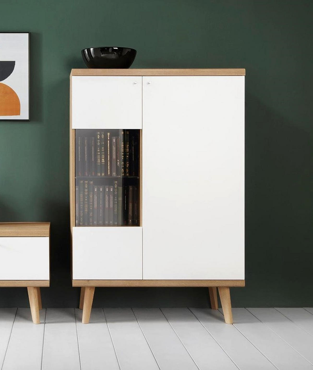 VITRINE Primo Weiß, Eiche Riviera, Zweitürige Glasvitrine - Eichefarben/Weiß, Holzwerkstoff (90/134/40cm) - Bettso