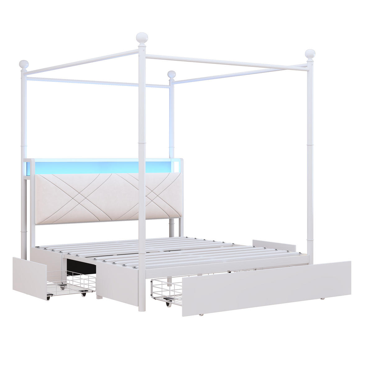 METALNI krevet 140/190 cm s uklonjivim baldahinom, LED osvjetljenjem, USB/Type-C priključcima i spremištem, Bijela - bijela, metal (140/190cm) - Redom