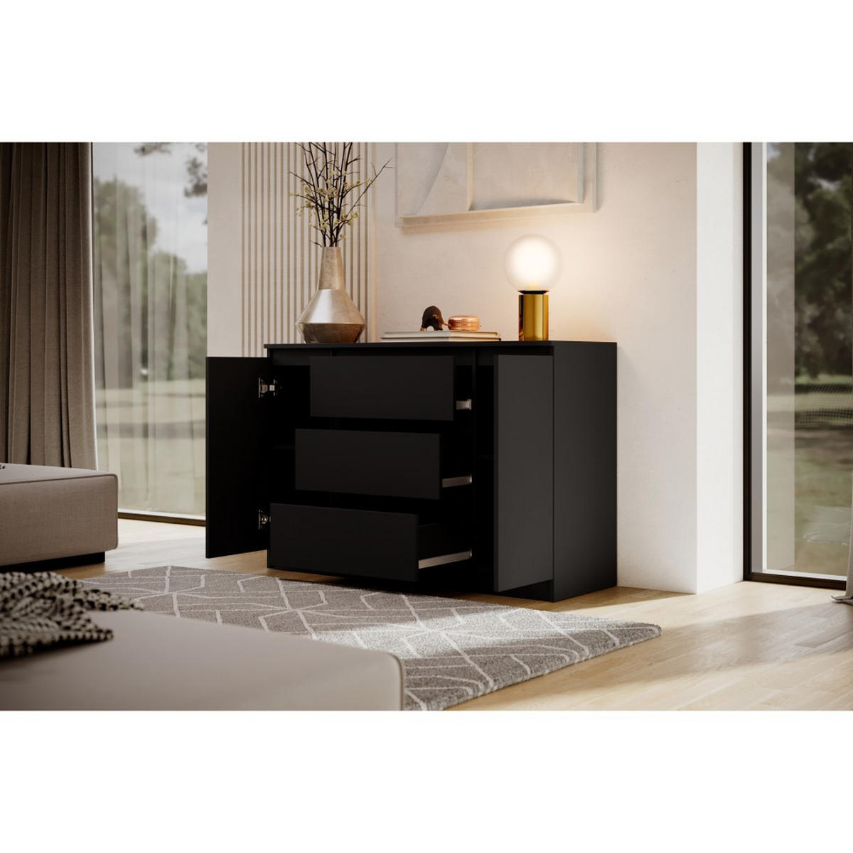 KOMMODE Lemon 120 cm mit zwei Türen und drei Schubladen Schwarzmatt - Schwarz, Holzwerkstoff (120/78/39cm) - Beautysofa