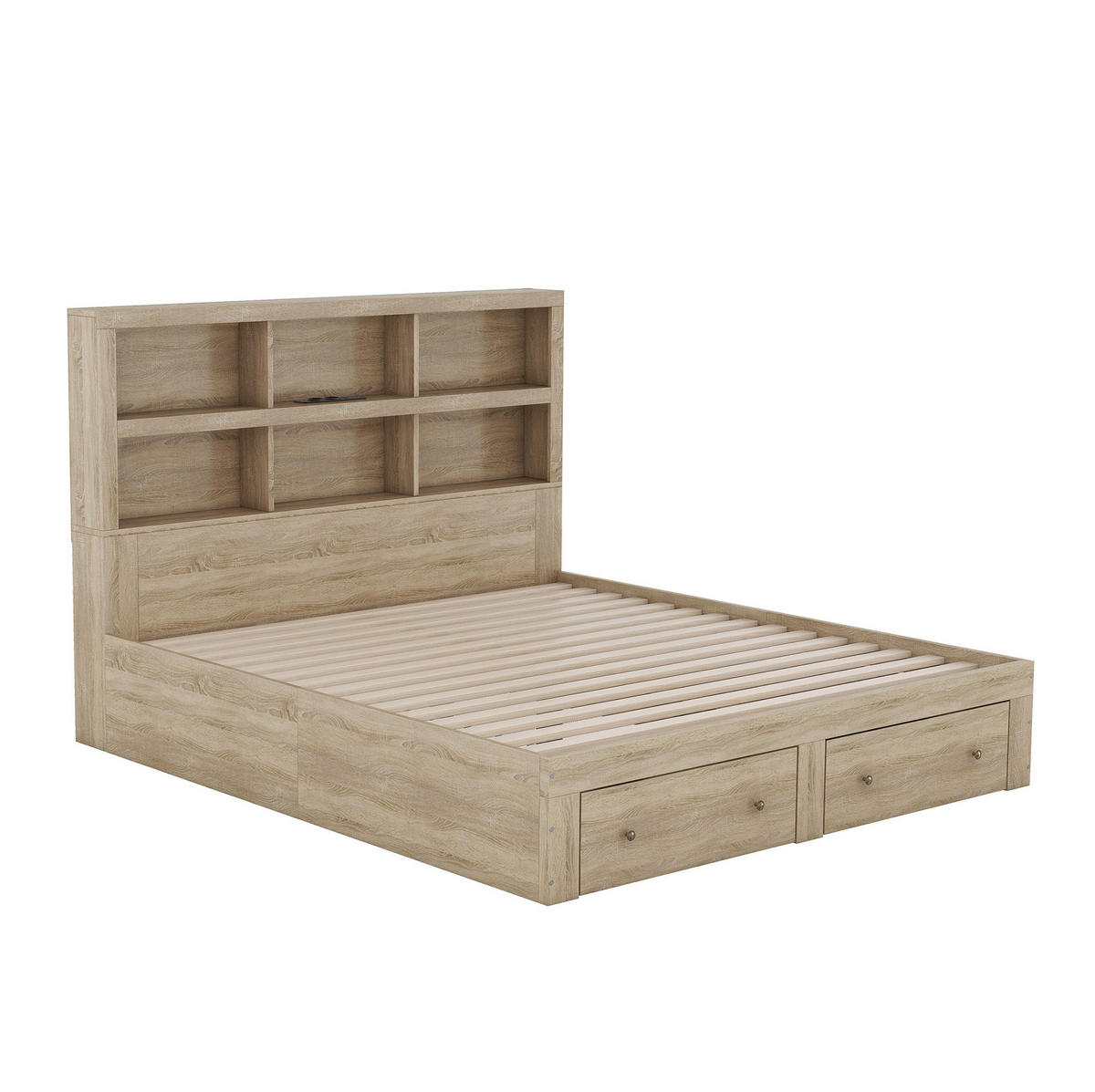 DOPPELBETT 160/200 cm Natur Kingsize-Plattformbett mit Stauraum und USB-Ladeanschluss - Naturfarben, Holzwerkstoff (160/200cm) - OKWISH