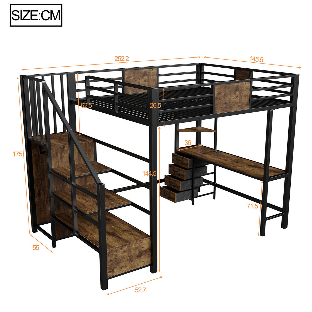 HOCHBETT 140/200 cm in Schwarz mit Schreibtisch, LED, Steckdose und Kleiderstange - Schwarz, Holzwerkstoff/Metall (140/200cm) - CHICFURN