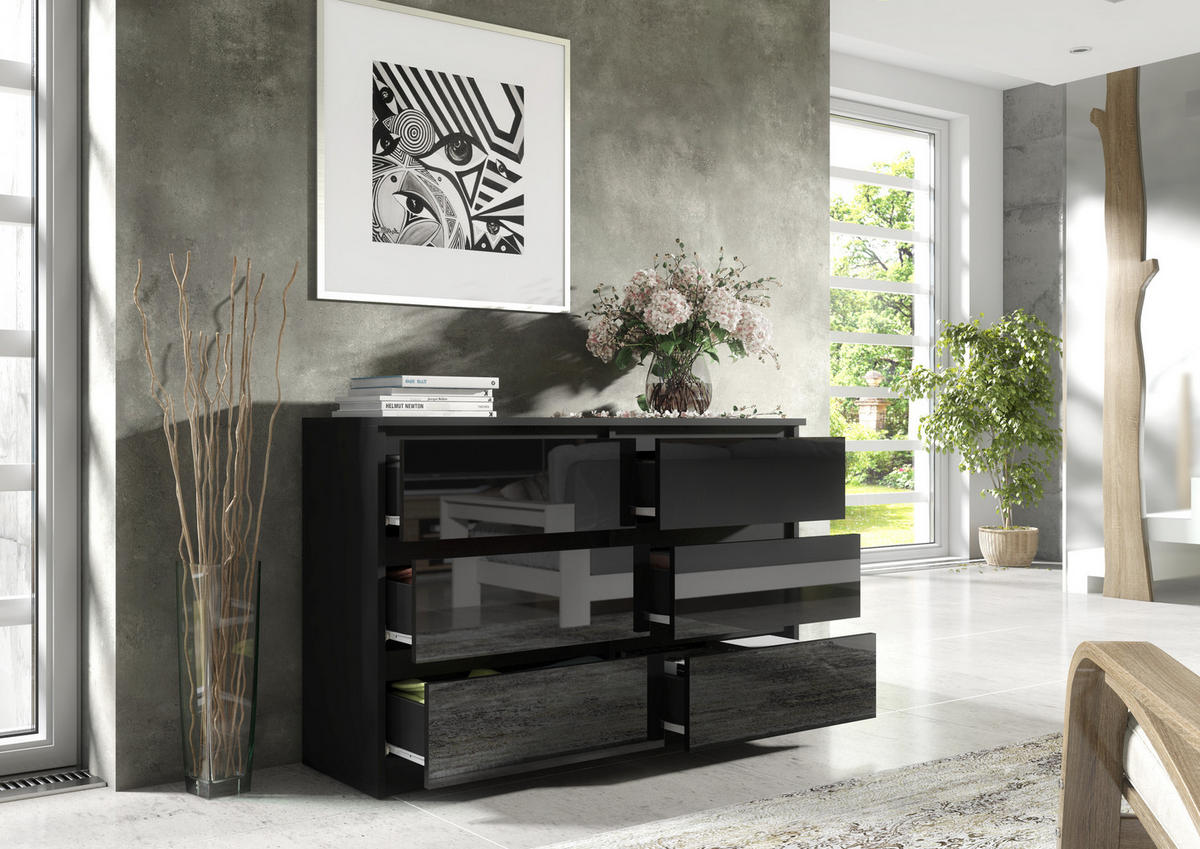 KOMMODE NUDO 120/78,5/39cm mit 6 Schubladen Türen Schwarz - Schwarz Hochglanz/Schwarz, Holzwerkstoff (120/78.5/39cm) - MASSENO