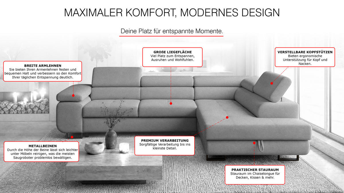 ECKSOFA Velmo mit Bettkasten und Schlaffunktion, verstellbaren Kopfstützen, in L-Form - Hellgrau, Textil (275/203cm)