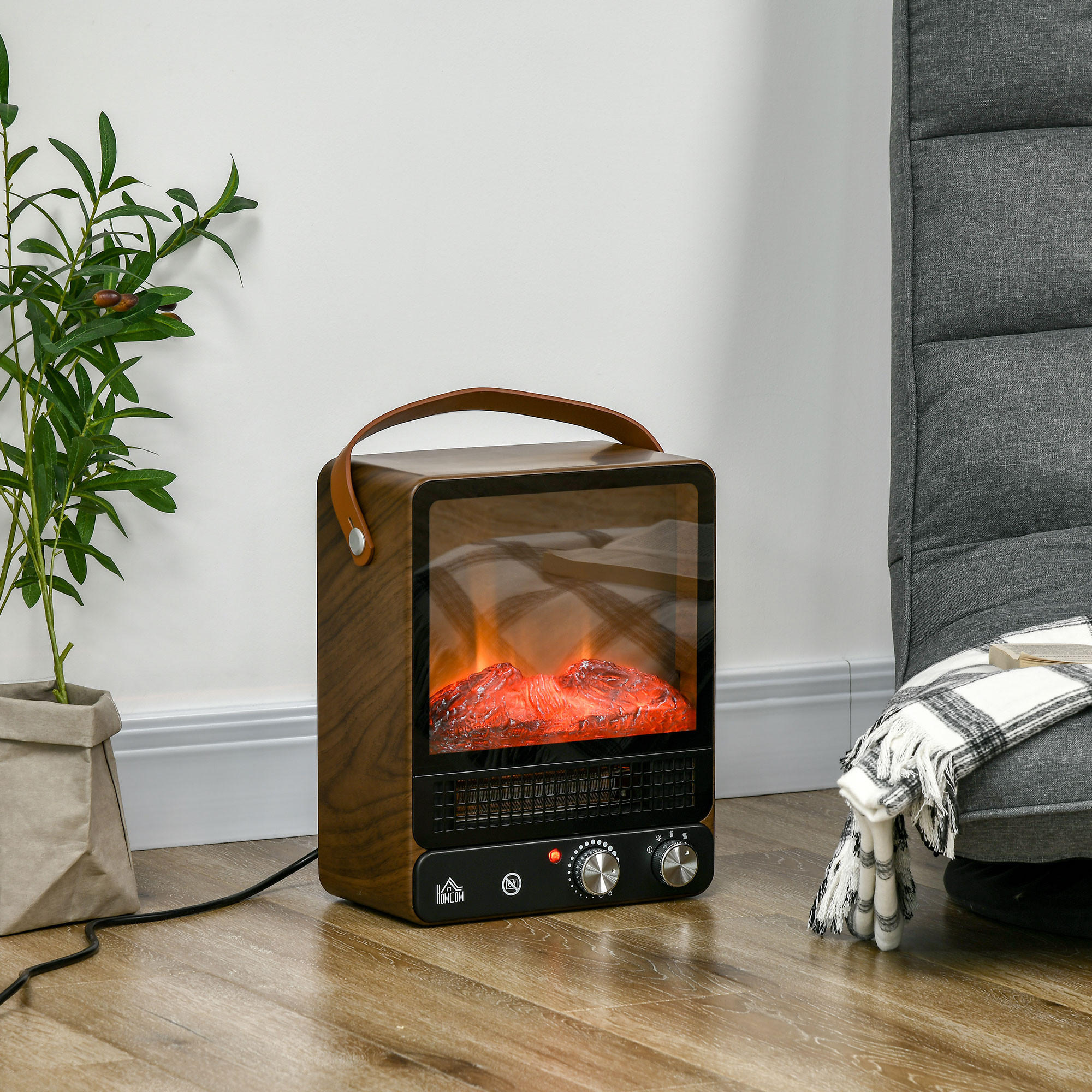 ELEKTROKAMIN mit Flammeneffekt, 750/1500W, für Wohnzimmer & Innenräume - Braun, Metall (17.5/37.4/30.3cm) - HOMCOM