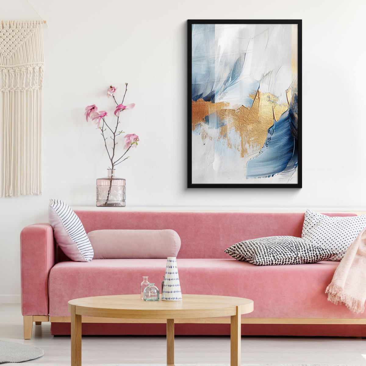 POSTER MIT RAHMEN Gold - Blau - Aquarell - Kunst - Modern 60x90 cm - Hellblau, Papier (60/90cm) - MuchoWow