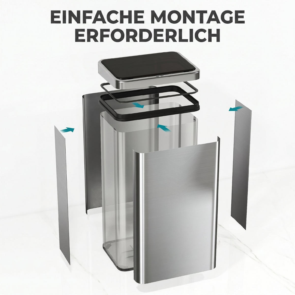 MÜLLEIMER 50L 35,5/67/26 cm Edelstahl Silber Automatik - Silberfarben, Metall (26/67/35.5cm) - Rolipo