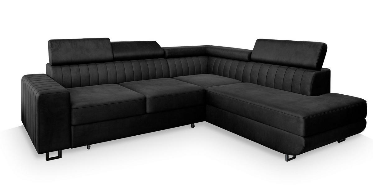ECKSOFA NOLA R-S Schwarz Velours-Stoff mit Schlaffunktion - Schwarz, Holz (253/190cm) - MASSENO