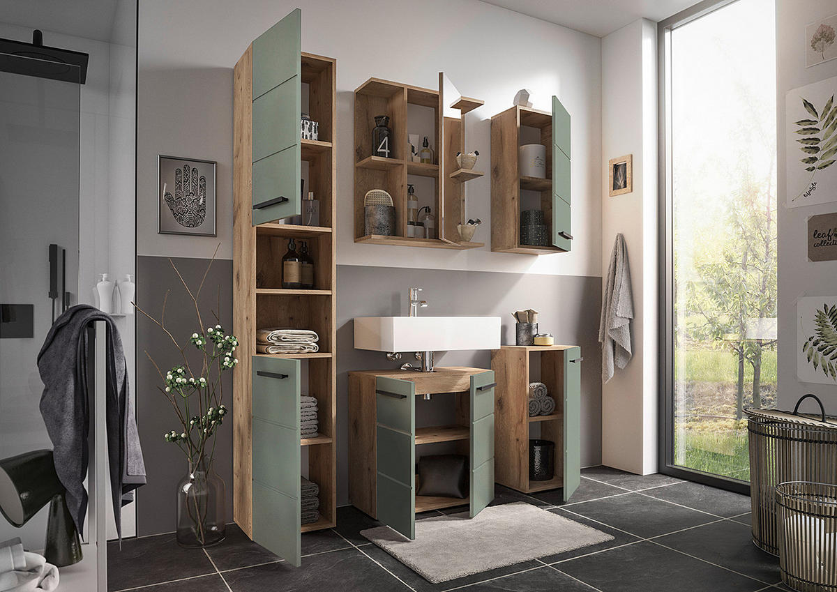 WASCHBECKENUNTERSCHRANK - Mintgrün/Grau, Holzwerkstoff (60/62/31cm) - home24