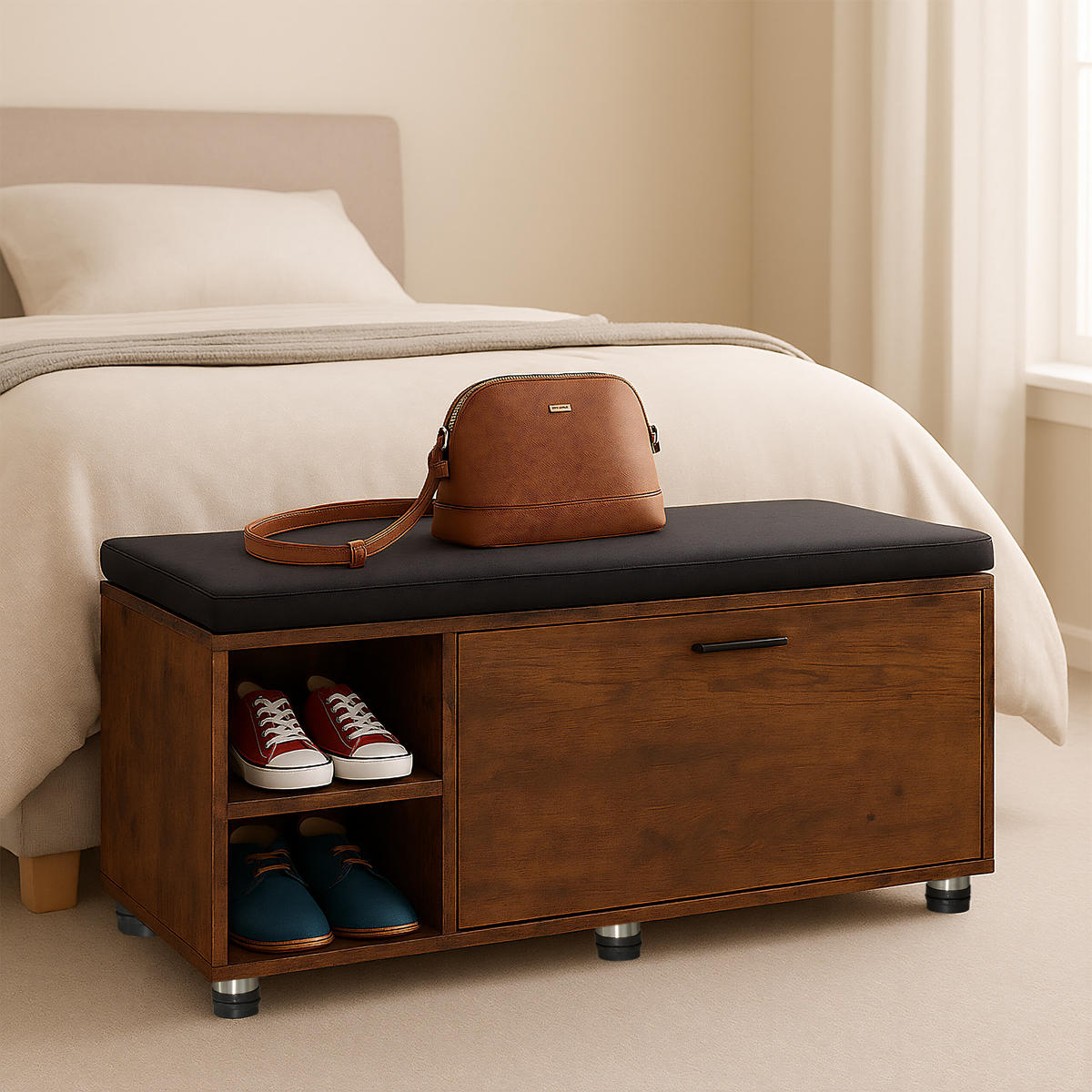 2-TLG.SCHUHBANK mit Schrank Set - Braun/Grau, Holzwerkstoff/Textil (100/48.5/35.5cm) - Relaxdays