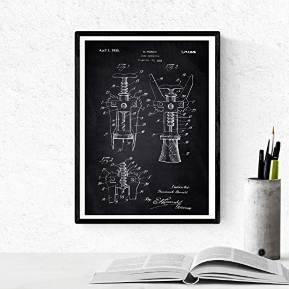 POSTER Set mit 4 Schwarz Patenten Wein A4 Schwarzer Rahmen - Schwarz, Papier (29.7/3cm) - Nacnic