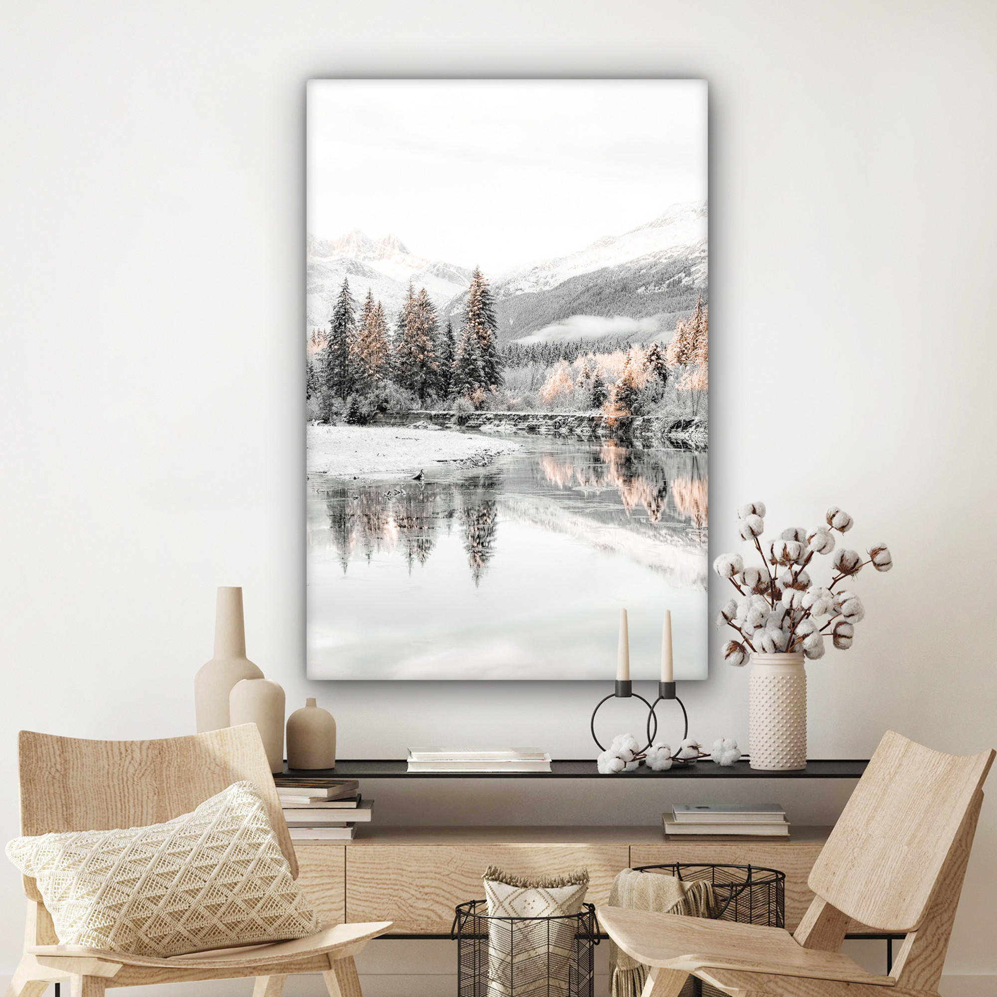 LEINWANDBILD Natur - Winter - Bäume - Berge - Schnee 90x140 cm - Weiß Hochglanz, Textil (90/140cm) - MuchoWow